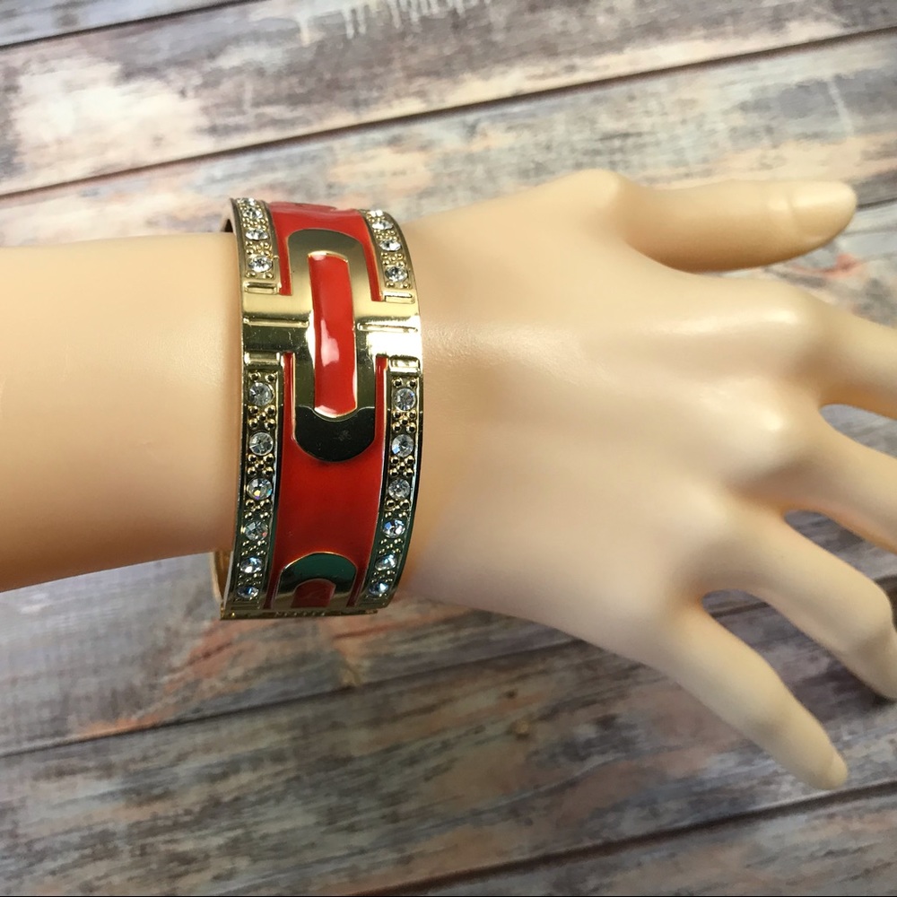 Orange enamel rhinestone hinged bangle